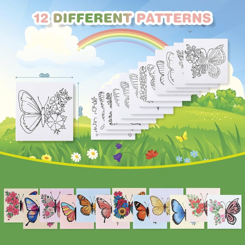 Zynlio 12 Packs Butterfly Pre Drawn Canvas to Paint, Pre Printed Canvas for Painting, Pre Stretched Canvas Outline Painting Boards for Beginners, Students, Party Favors(4 * 4in) - Image 2